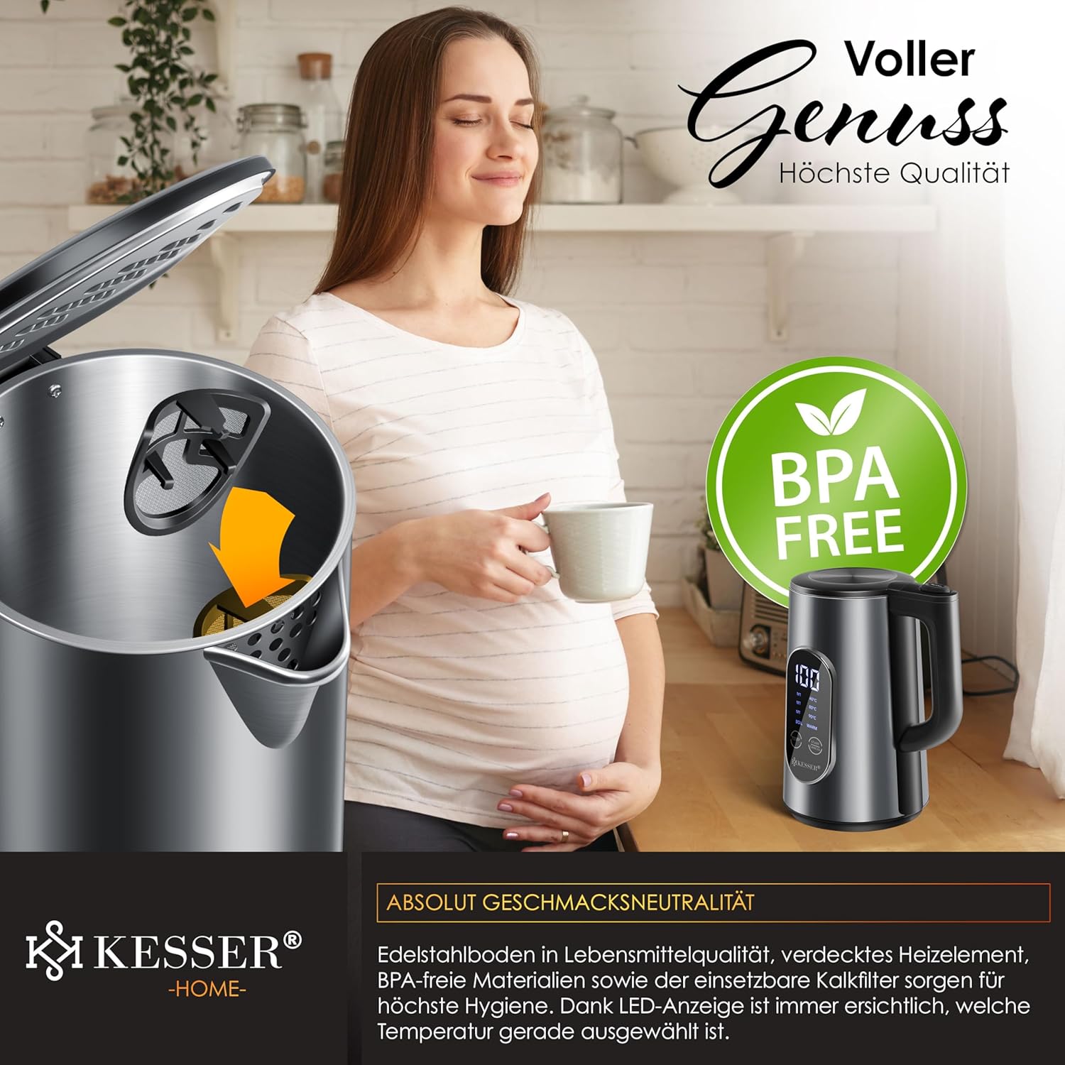 KESSER® Wasserkocher Edelstahl 1,7 L, 2200 W, einstellbare Temperatur 40–100 °C, LED-Display, 30 Min Warmhalten
