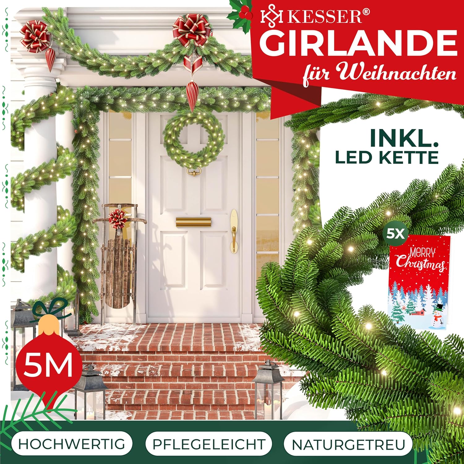 KESSER Weihnachtslichtkette 5 m – 100 LEDs, 6h Timer, 8 Modi – Tannenbaum‑Dekoration Innen & Außen