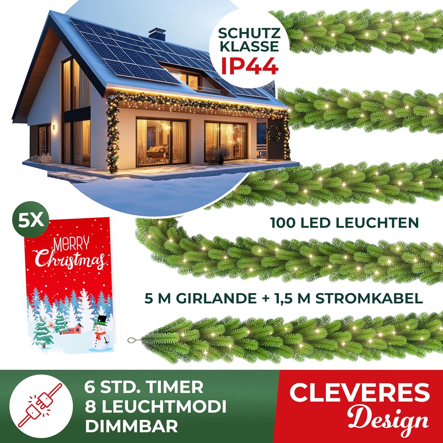 KESSER Weihnachtslichtkette 5 m – 100 LEDs, 6h Timer, 8 Modi – Tannenbaum‑Dekoration Innen & Außen