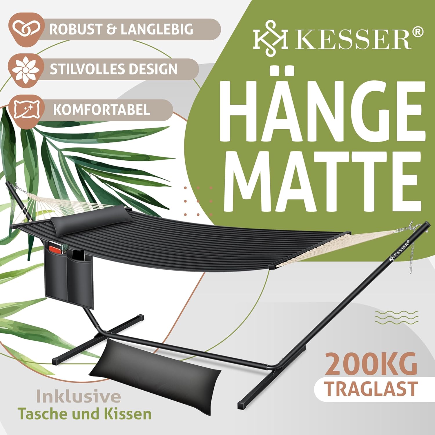 KESSER® XXL Doppelhängematte mit Rahmenpolster, 200 kg, 2‑Personen, Indoor/Outdoor
