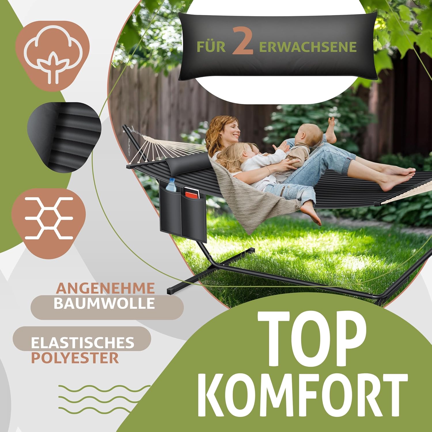 KESSER® XXL Doppelhängematte mit Rahmenpolster, 200 kg, 2‑Personen, Indoor/Outdoor